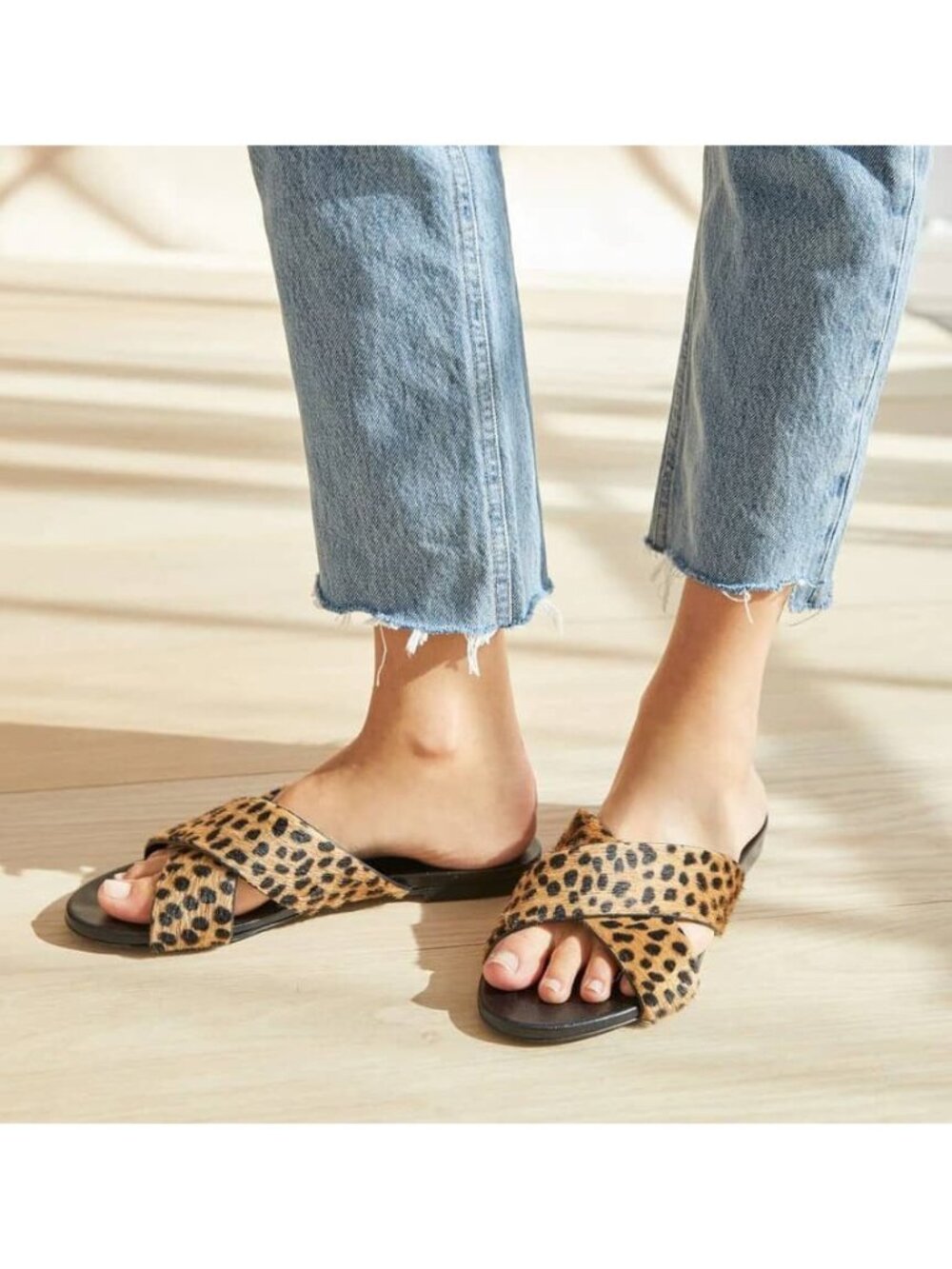 Jenni Kayne Womens 10.5 Leopard Pony Hair Cross Strap Slide Sandals Animal Print